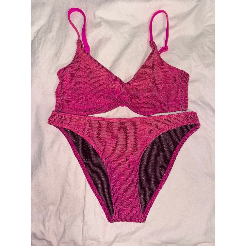 Good American metallic pink gold Always Fits sculpt twist bikini top & bottom
